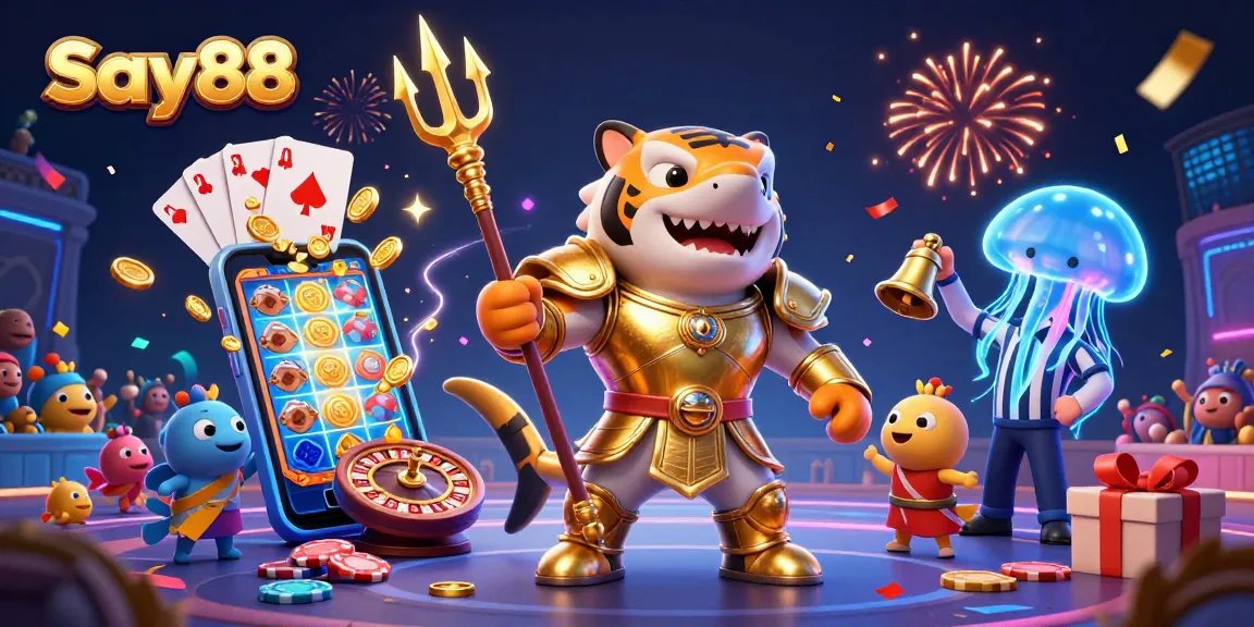 Engage with Say88's immersive gaming experience featuring a shark champion in a vibrant underwater casino scene.