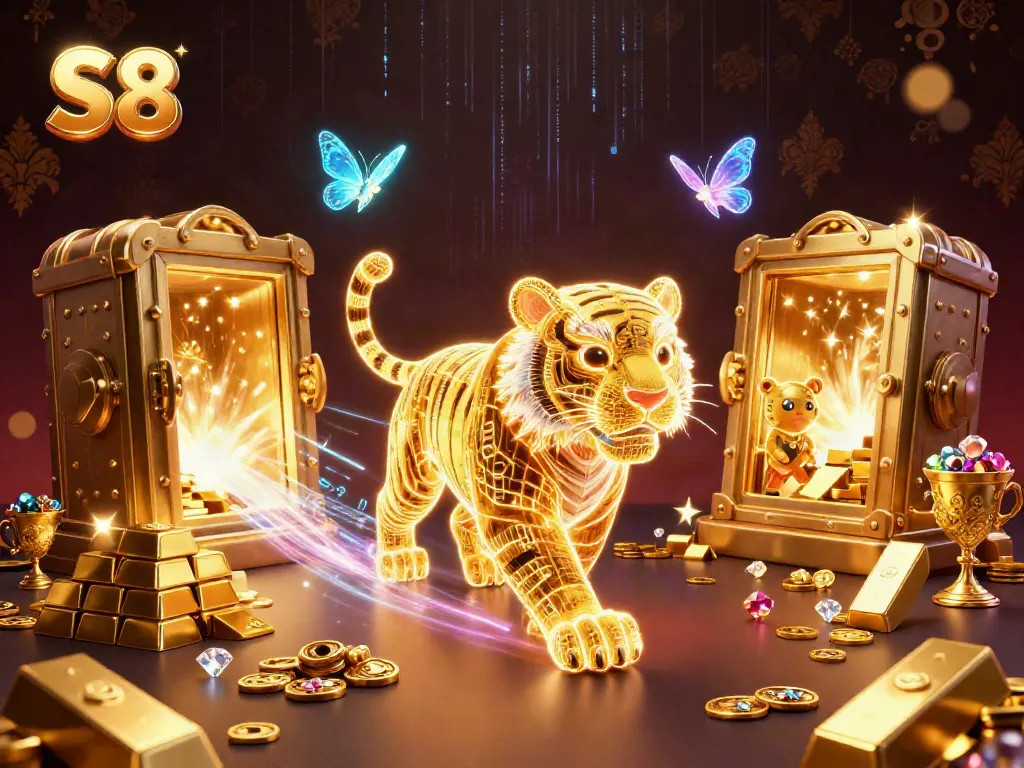 Experience the vibrant energy of S8 casino with golden treasures and a neon tiger in a digital landscape.