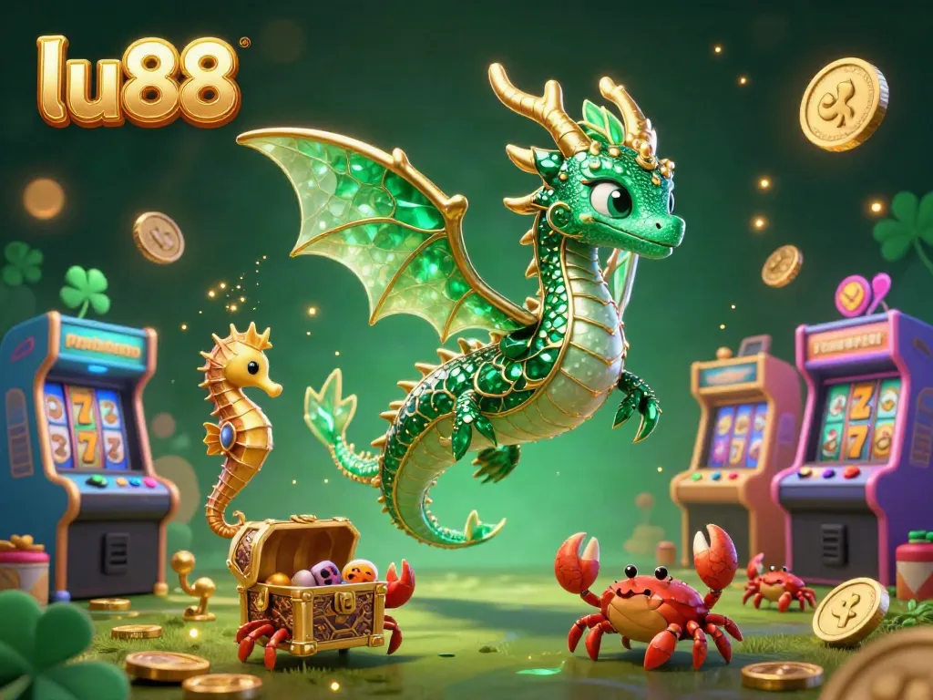 Experience the thrilling adventure of gambling at lu88 with vibrant casino elements and a magical sea dragon.