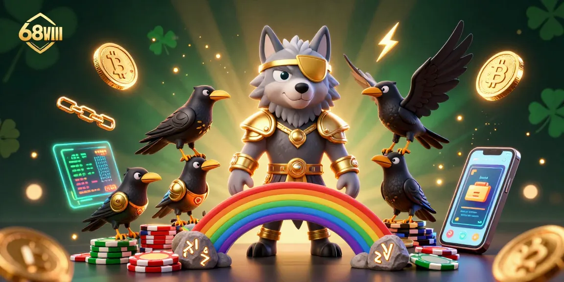 68WIN players immerse in an epic casino adventure with vibrant Norse characters and gleaming crypto treasures.