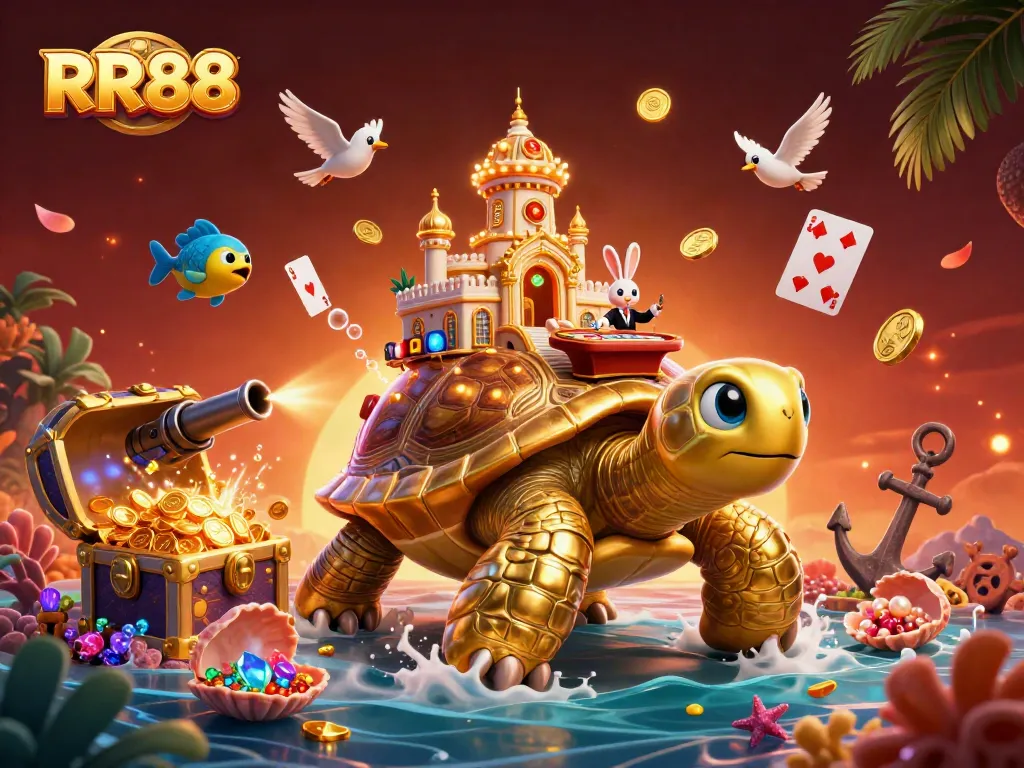 Experience the thrill of RR88's golden casino adventure with vibrant characters and exciting gambling elements.