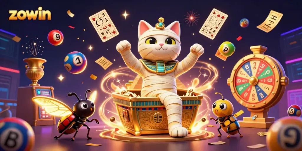 Engage in thrilling wins at zowin, where a mummy cat and scarab beetle animate a vibrant casino scene with lottery elements.