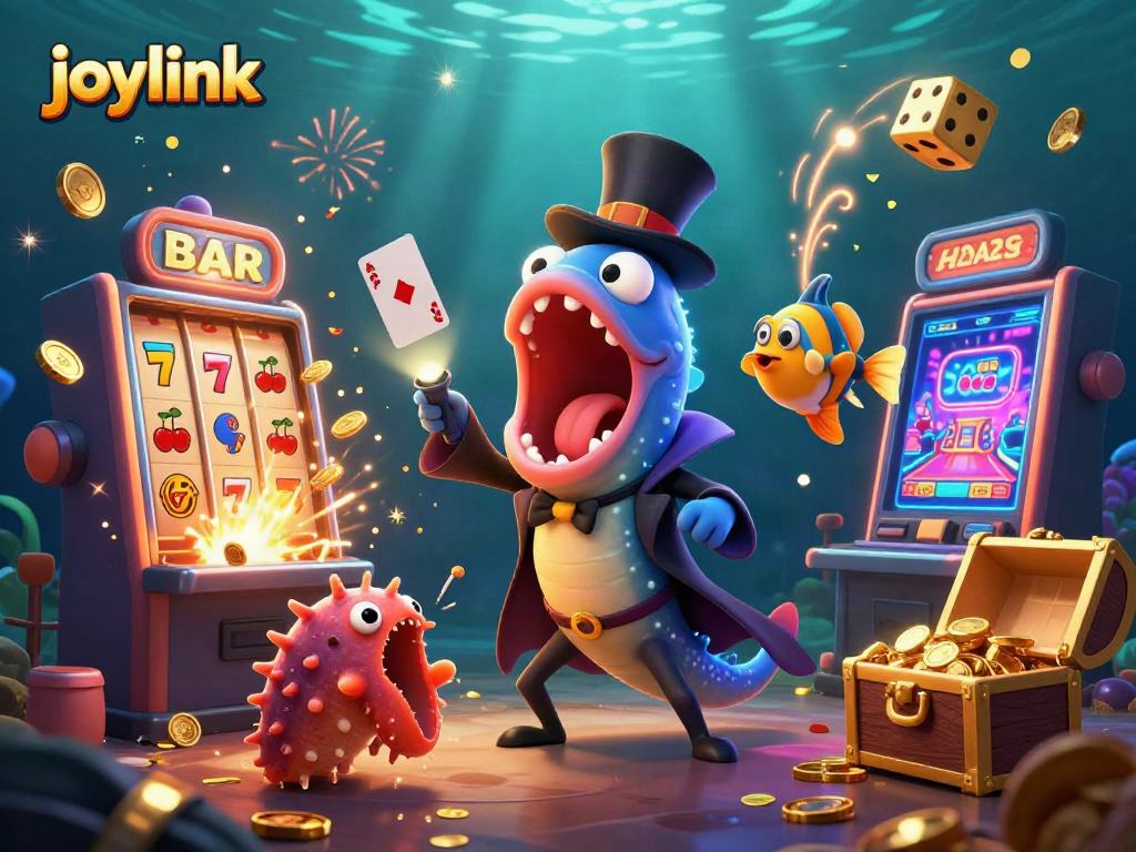 Experience winning strategies with joylink's stunning 3D casino illustration featuring vibrant slot machines and magical sea creatures.