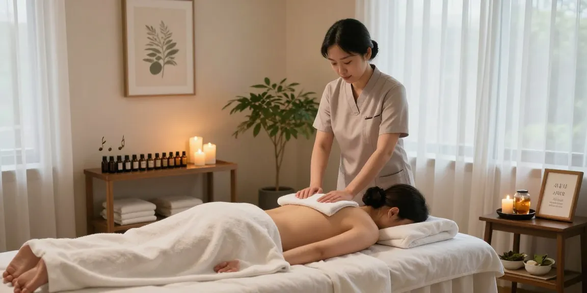 Relaxing 안양출장마사지 in a tranquil spa room with essential oils and soothing atmosphere.