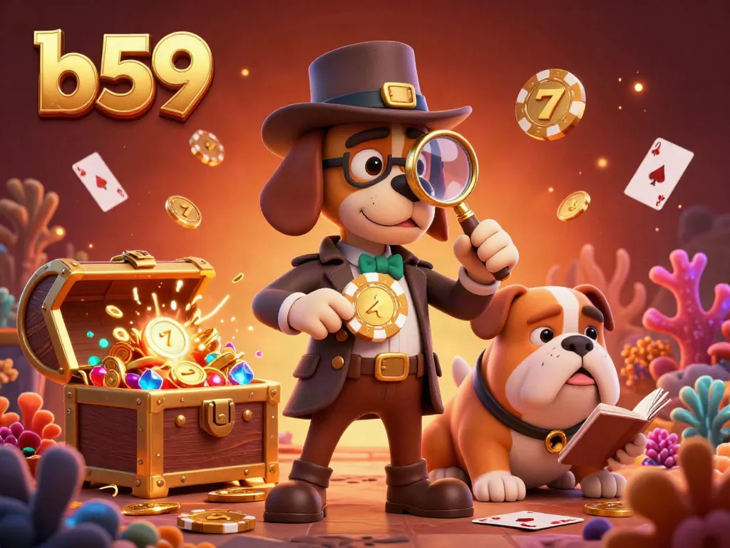 Engaging scene with b59 branding, showcasing a cartoon detective examining a golden poker chip amidst vibrant casino elements.