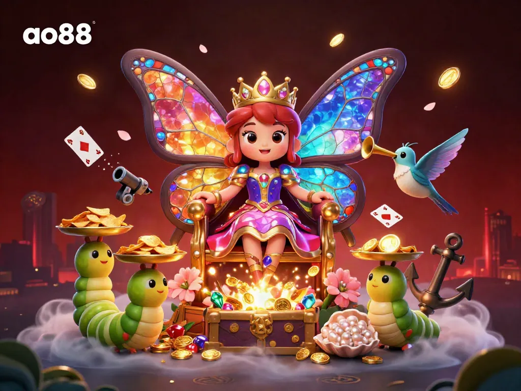 Join the excitement of ao88 with a vivid 3D scene featuring a butterfly queen and treasure, enhancing your gaming experience.