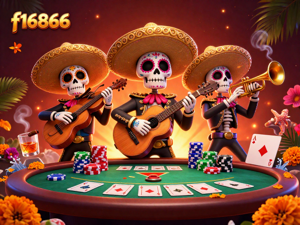 Experience exciting games at f16866 with vibrant illustrations of a mariachi band and casino elements.