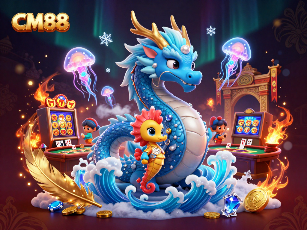 Engage with CM88, featuring a dynamic 3D dragon and seahorse in a vibrant casino-themed scene.