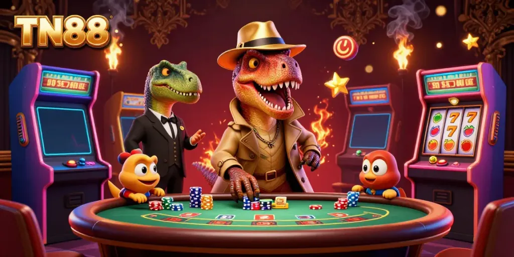 Witness an engaging scene with TN88, featuring a velociraptor card counter at a blackjack table in an arcade casino.