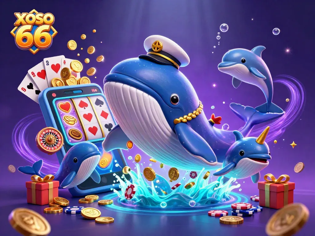 XOSO 66 casino illustration featuring a whale, narwhal, and dolphins amidst vibrant gaming elements.