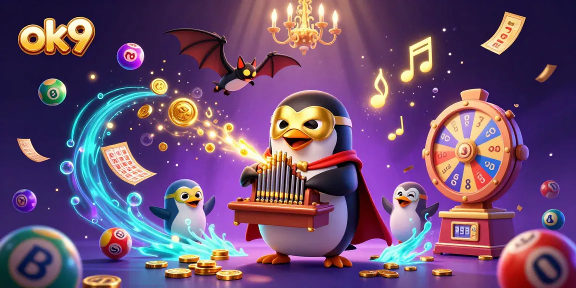 Experience exciting wins with ok9 as a penguin plays the organ, releasing golden coins in a vibrant casino scene.
