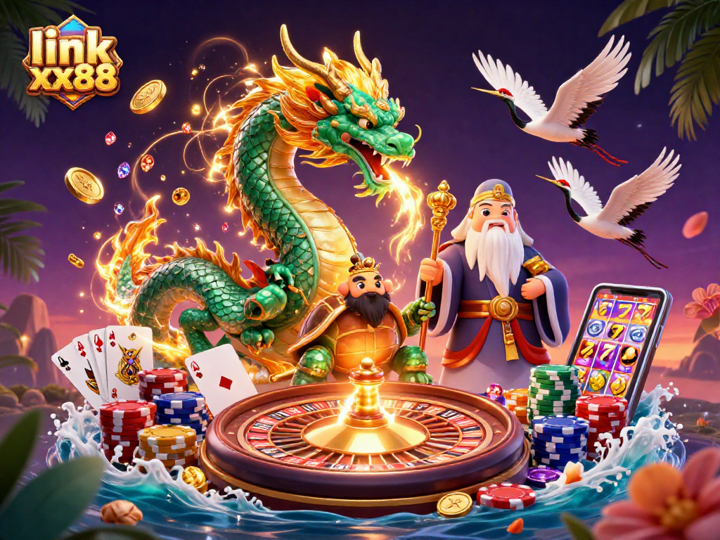 Win big with link xx88 in this vibrant 3D casino scene filled with mythical elements.