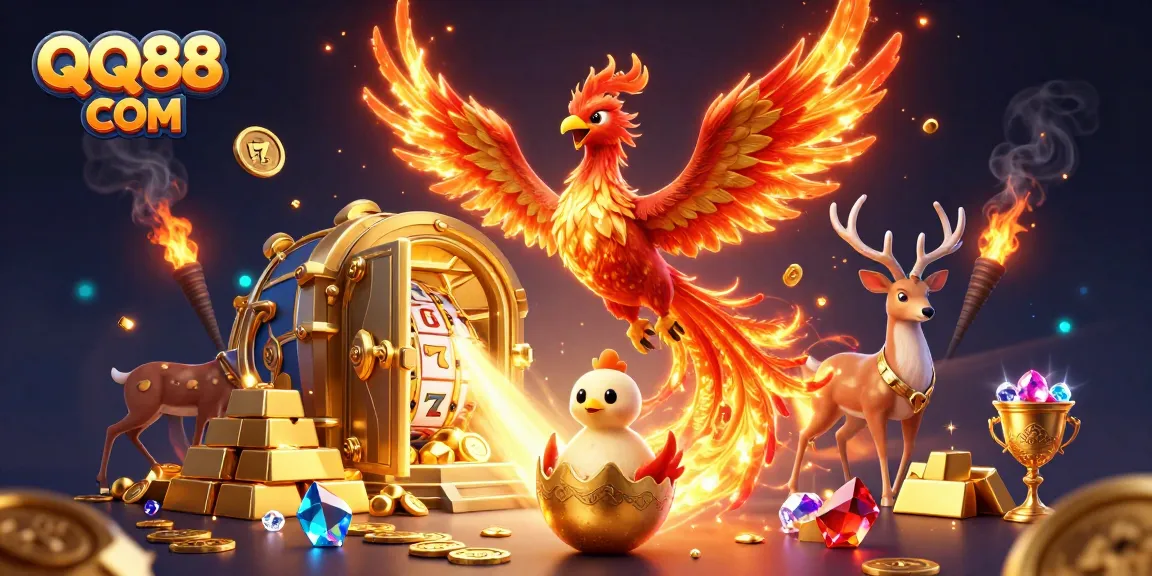 Engage with thrilling games at QQ88 COM, featuring a captivating phoenix and magical casino elements.