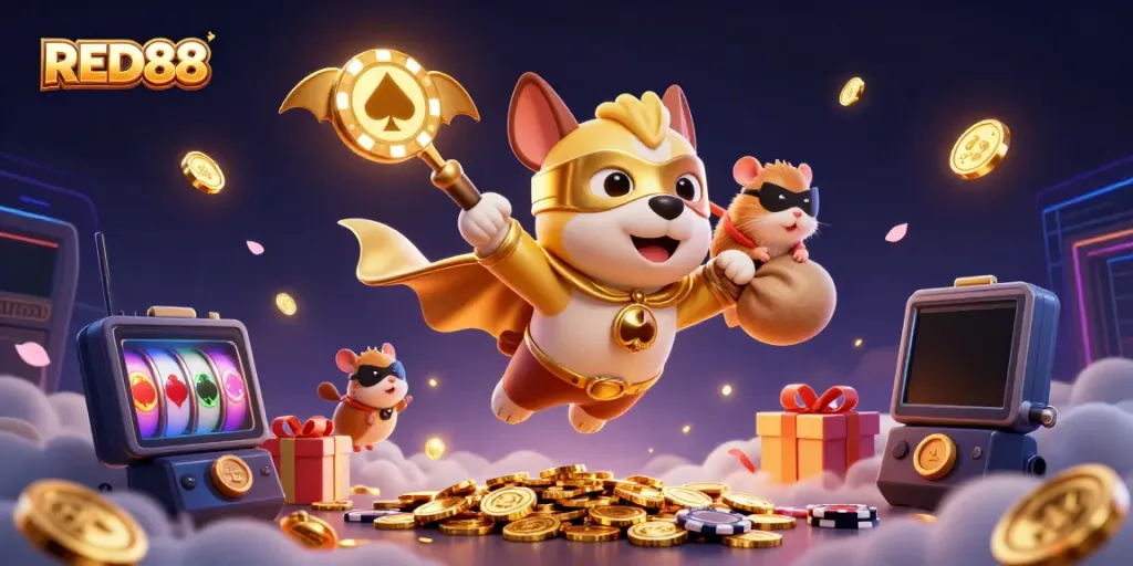 Experience thrilling gaming action with RED88 as a superhero dog flies with gold coins amidst vibrant gambling symbols.
