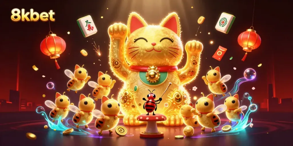 Experience the vibrant world of 8kbet with a lucky cat and casino symbols in a festive scene.
