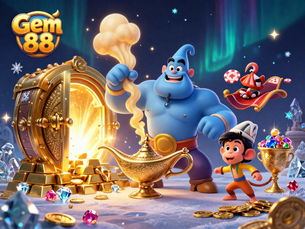 Experience the thrill of Gem 88 with a vibrant 3D casino illustration showcasing a magical genie and poker chips.