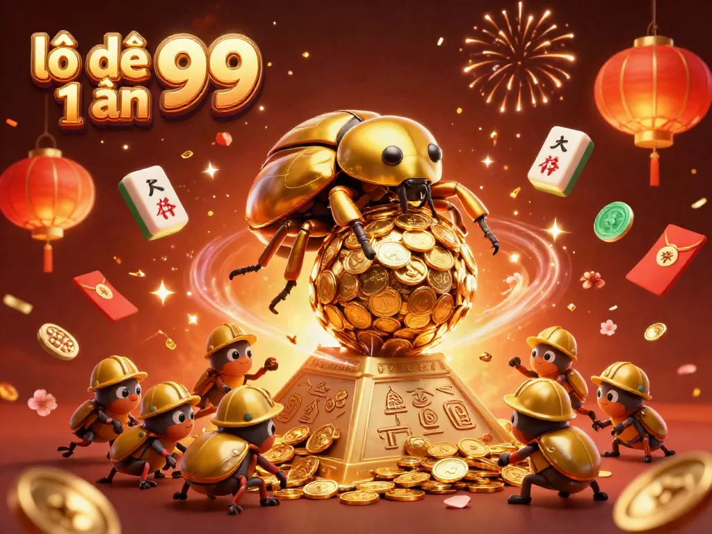 Engage with lô đề 1 ăn 99 as golden beetles roll coins amidst vibrant casino elements.