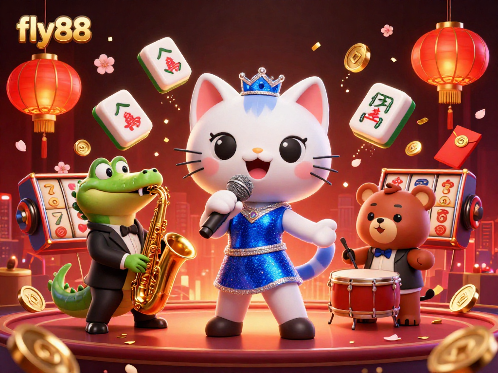 Experience the excitement of Fly88 casino with engaging characters, vibrant game elements, and a lively backdrop.