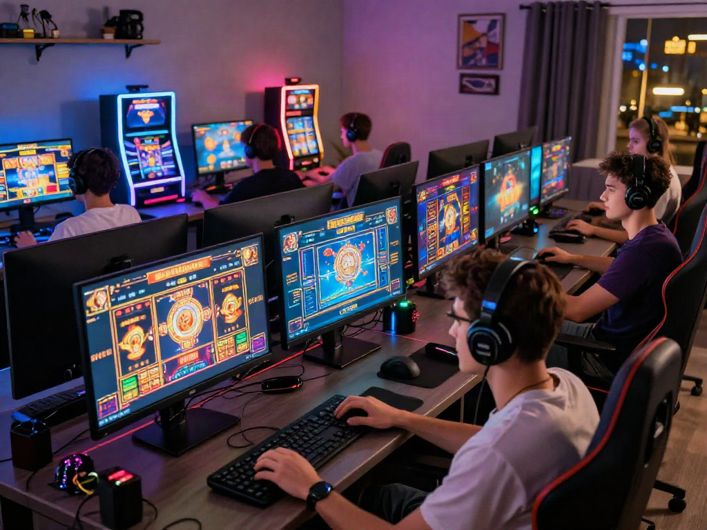 Players immersed in slot88 action at modern gaming setups, showcasing vibrant interfaces and engaging atmosphere.