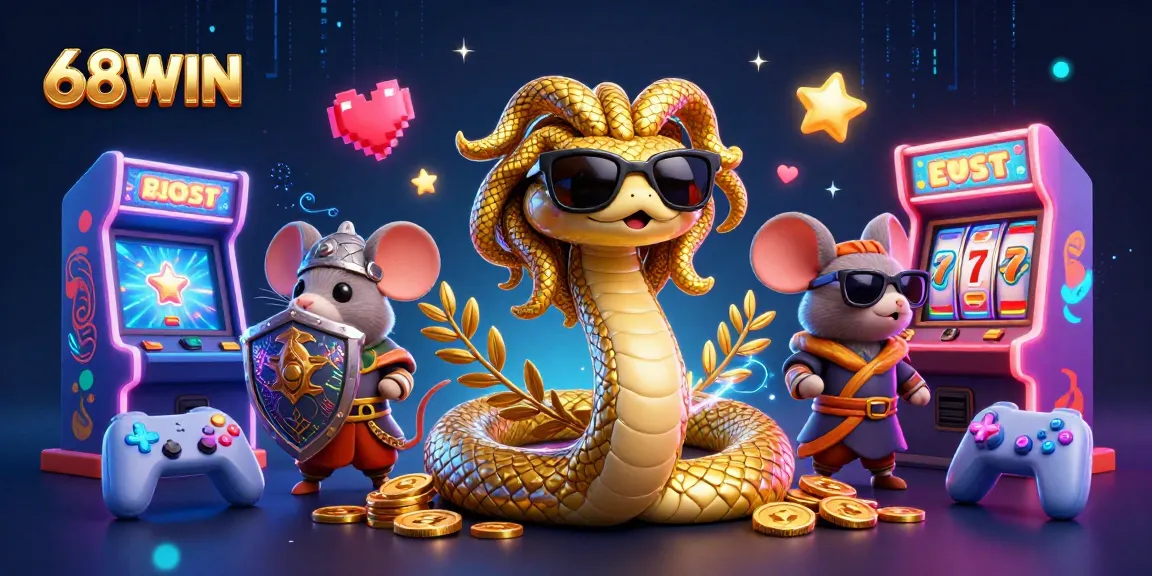 Win big on 68WIN with a vibrant casino-themed scene featuring characters and game elements.