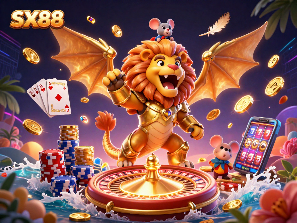 SX88 players enjoy a thrilling scene featuring a triumphant chimera and vibrant casino elements.