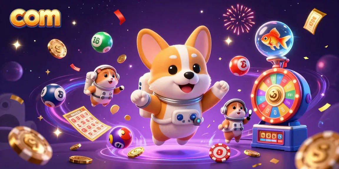 Experience the thrilling com atmosphere with a floating astronaut corgi in a casino space station.