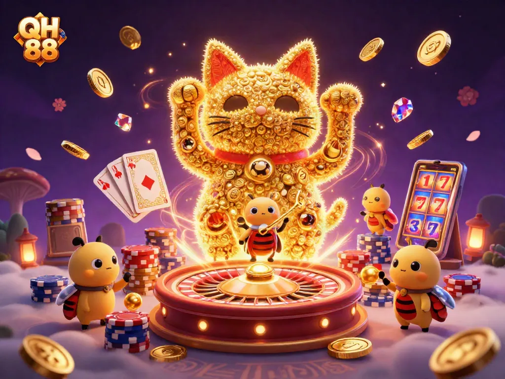 Engage in winning at QH 88 with a vibrant scene of a lucky cat and casino elements.