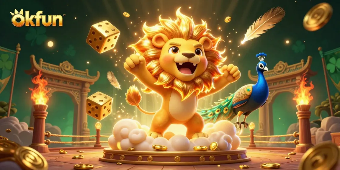 Engage with okfun as the sun lion roars triumphantly amid gold coins and dynamic gaming elements.