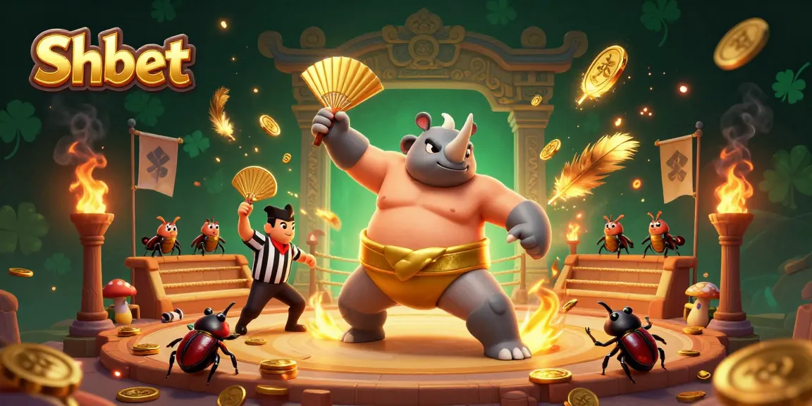 Join the excitement at Shbet with a powerful sumo beetle champion celebrating wins in a vibrant casino scene.