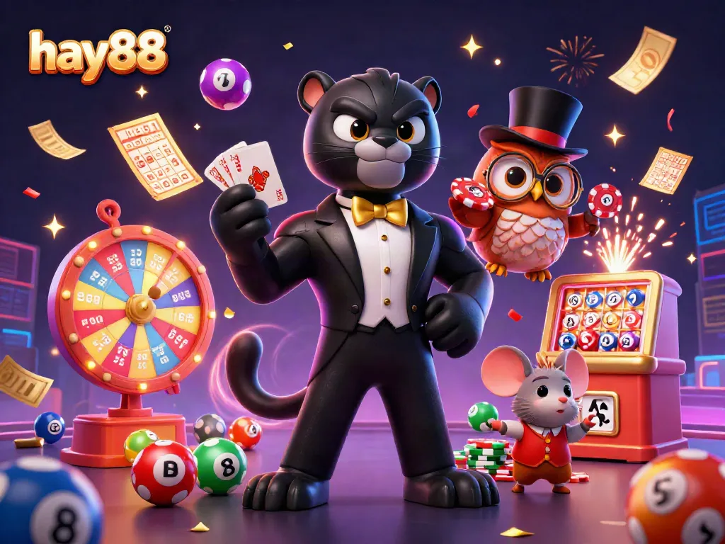 Experience exciting wins at hay88 with cartoon characters dealing cards and enjoying casino elements.
