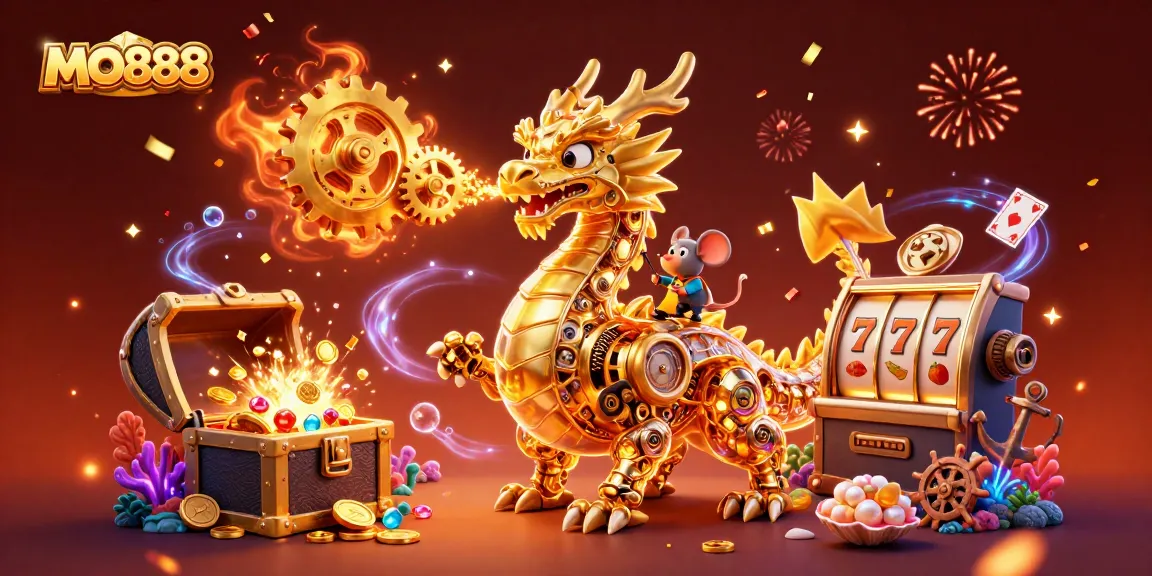 Win big with MO888 as a golden dragon breathes golden gears and cogs amidst slot reels.