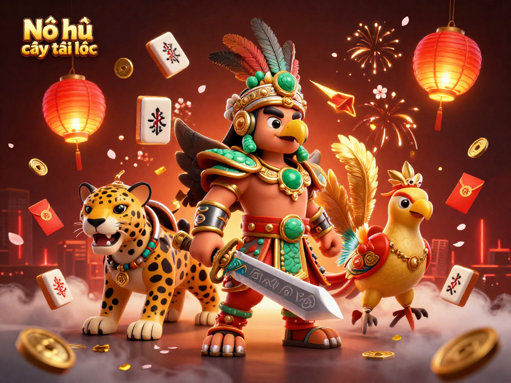 Nổ hũ cây tài lộc showcases an exciting scene with an Aztec warrior and dynamic casino elements.