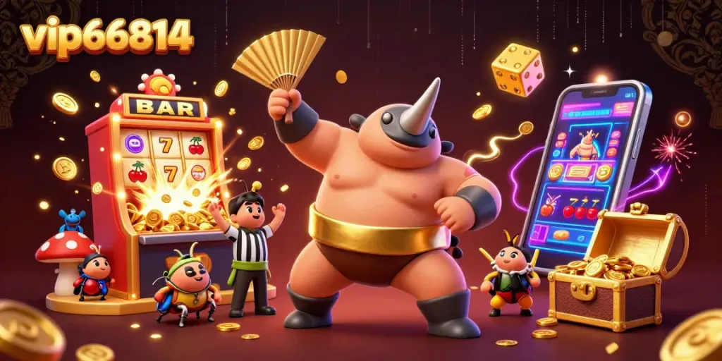 Engage with the exhilarating action of vip66814 as a sumo champion beetle stomps gold coins amid a thrilling casino atmosphere.