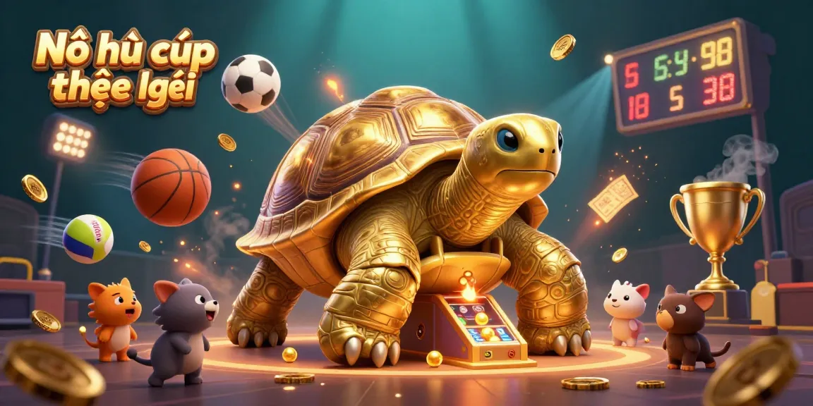Nổ hũ cúp thế giới showcases a thrilling scene with a golden tortoise pinball machine and excited players.