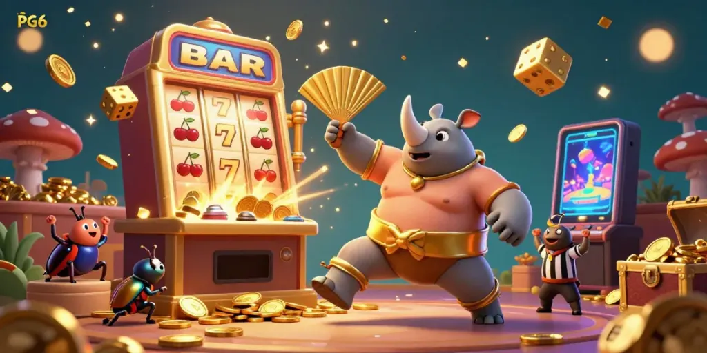 Experience thrilling winning moments at PG66 with a lively 3D casino scene featuring a rhinoceros beetle sumo champion.