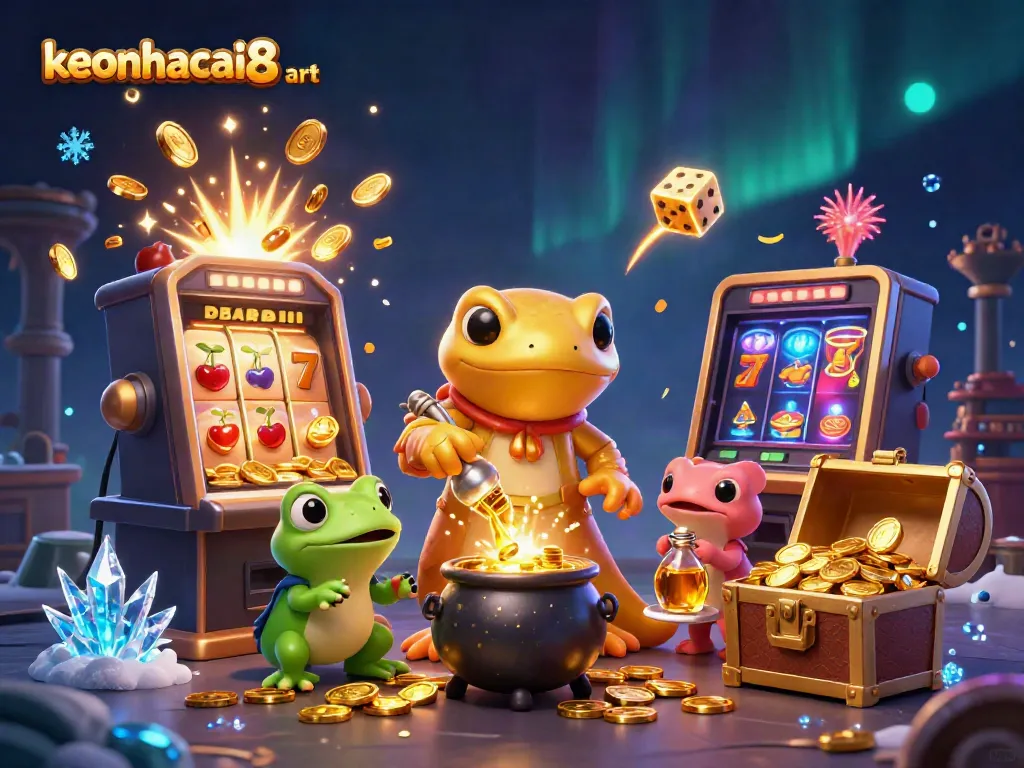 Experience excitement with keonhacai8 art featuring a vibrant gambling scene with alchemists and jackpots.