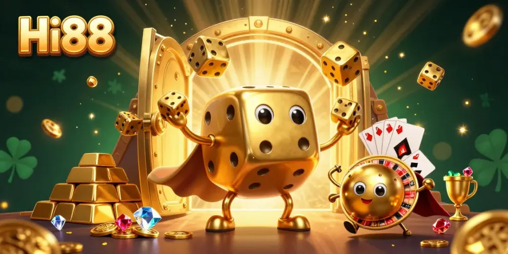 Hi88 invites players to experience an exciting casino adventure featuring golden dice, treasures, and vibrant visuals.