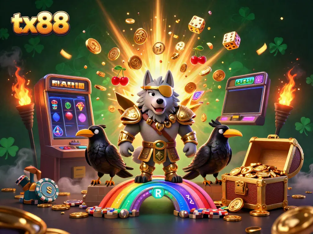 Experience the thrill of tx88 with Odin and ravens amidst a dazzling casino scene of winning jackpots.
