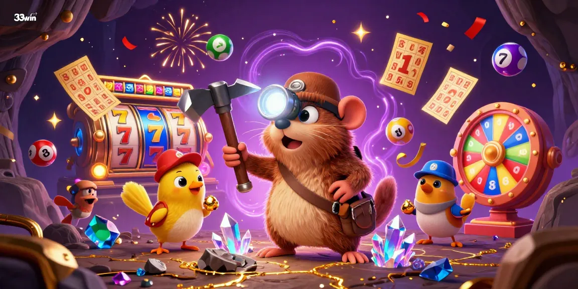 Engage with 33win's vibrant casino theme featuring a treasure hunter, colorful lottery elements, and lively action.