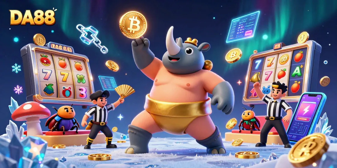 DA88's animated sumo beetle champion showcases thrilling slots with golden coins flying.