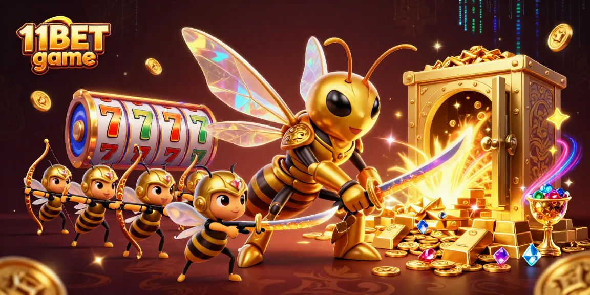 Play thrilling 11BET game with vibrant visuals featuring interactive slot reels and gold treasures.
