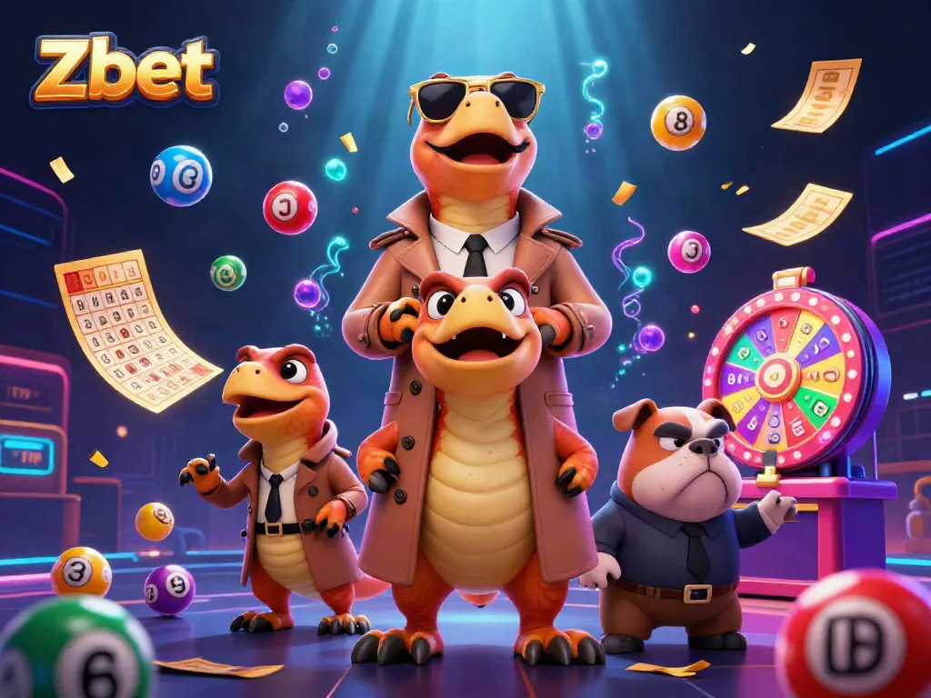 Zbet's VIP lounge entrance with cartoon raptors in disguise and a bulldog bouncer amid vibrant casino elements.