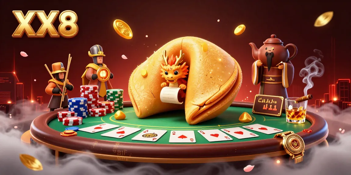 Experience thrilling poker action with the exciting XX8 casino featuring a dragon beside a fortune cookie illustration.