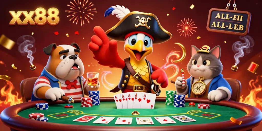Engage with xx88's vibrant casino scene featuring pirate characters, poker action, and energetic celebration.