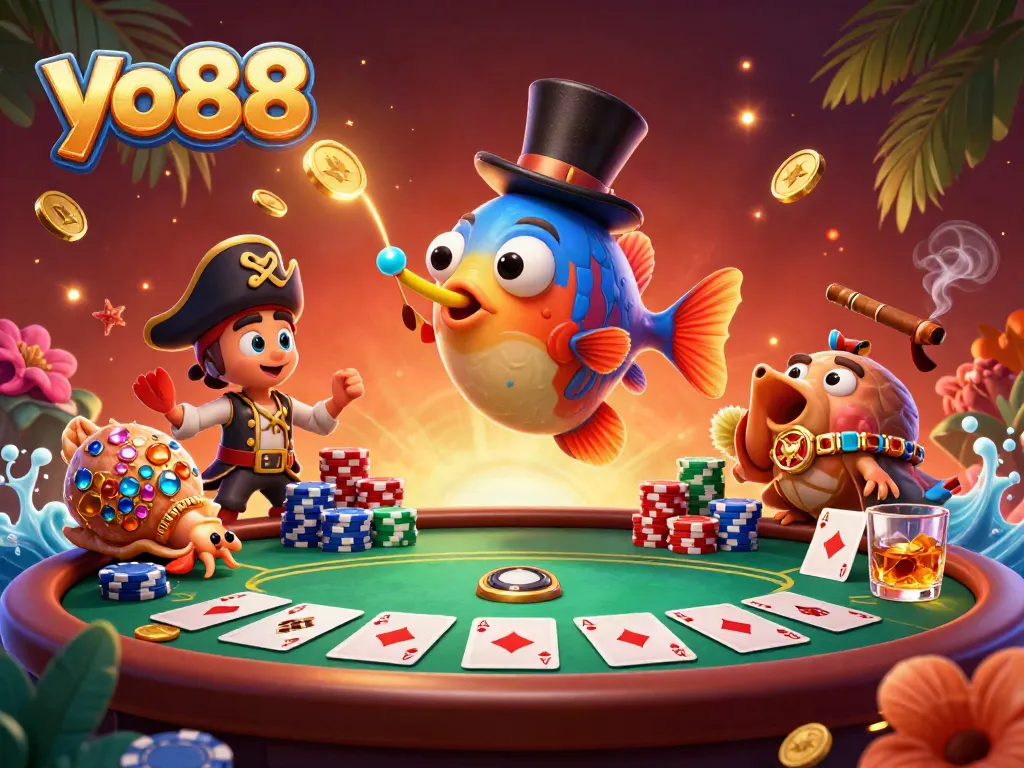 Win big with yo88 while 3D characters enjoy poker-themed treasures and vibrant casino elements.