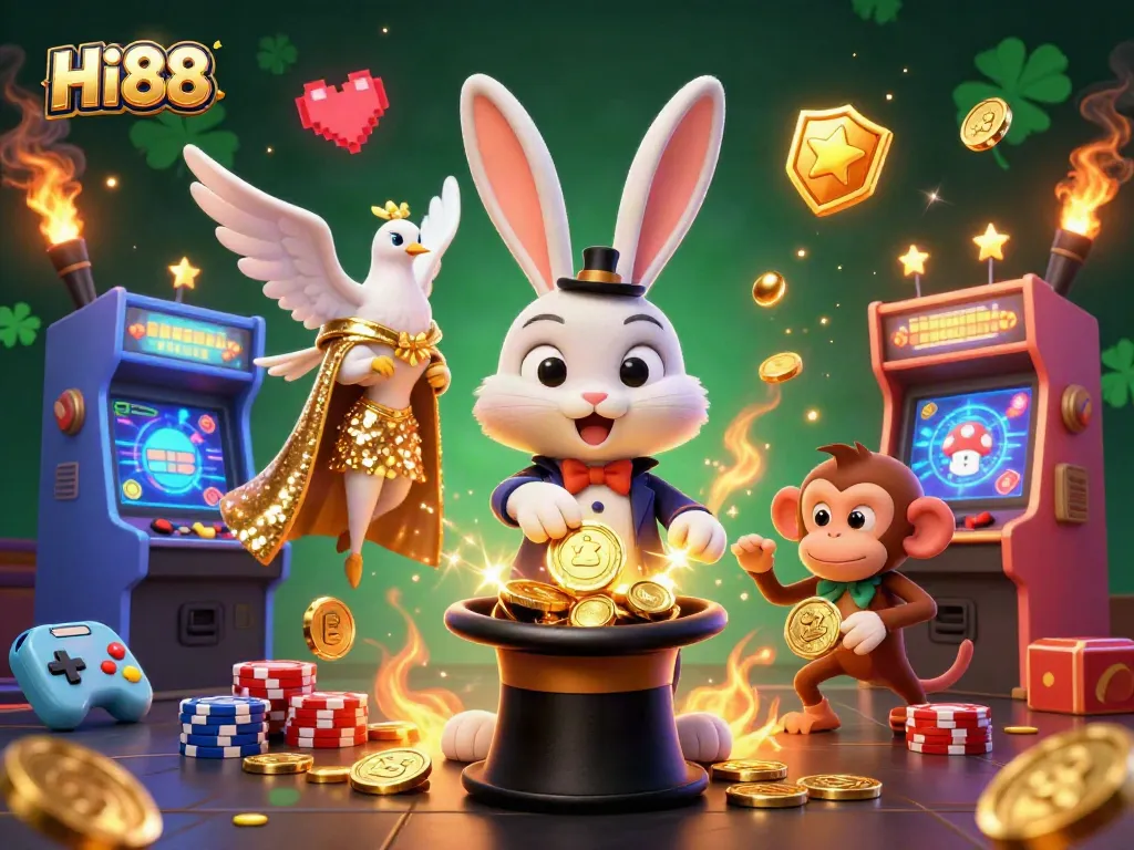 Engage with Hi88, witnessing a magical scene of a rabbit, dove, and monkey in a casino themed illustration.
