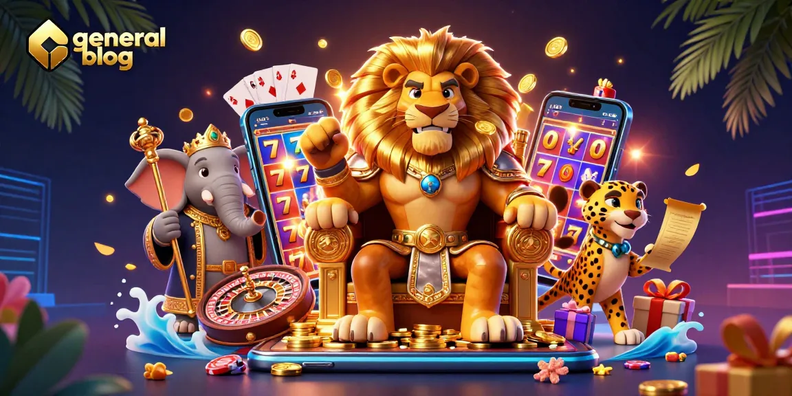 Join the excitement of general blog with this vibrant casino scene featuring a lion king on a throne of gold coins.
