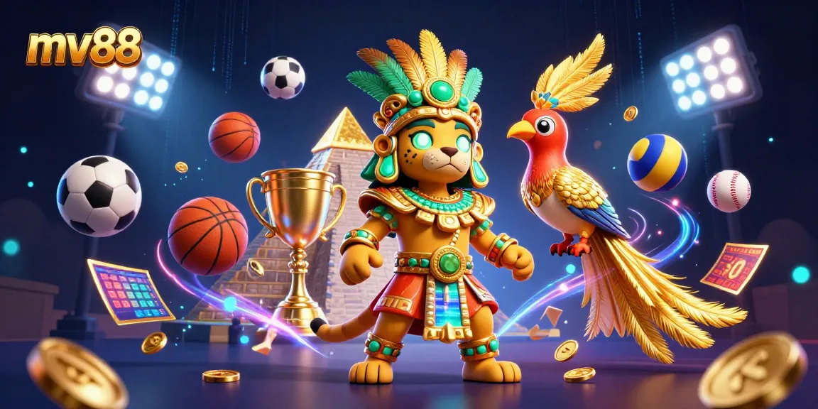 Experience winning with mv88, showcasing a Mayan jaguar priest in dynamic casino action, amidst electrifying gaming elements.