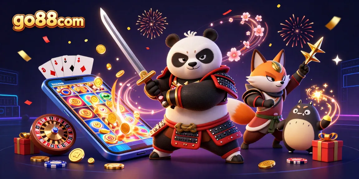 Engage with the spirited action in go88com's vibrant casino illustration featuring dynamic 3D characters and games.