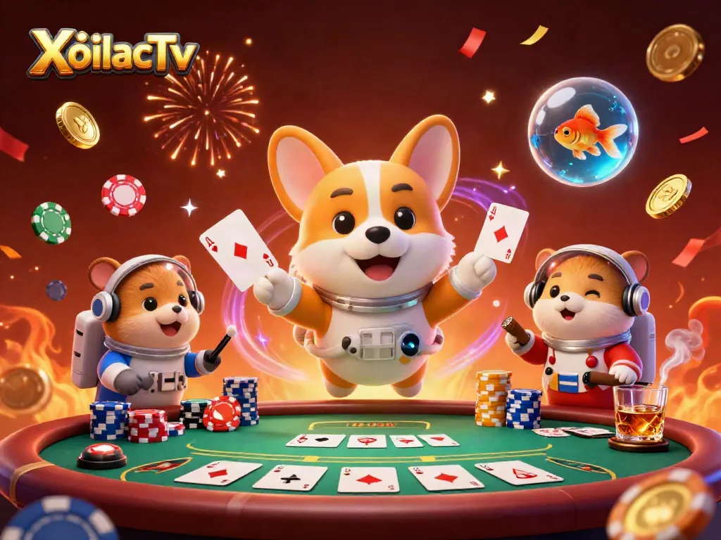 XoilacTv offers immersive online gaming experiences with a vibrant casino atmosphere featuring an astronaut corgi.